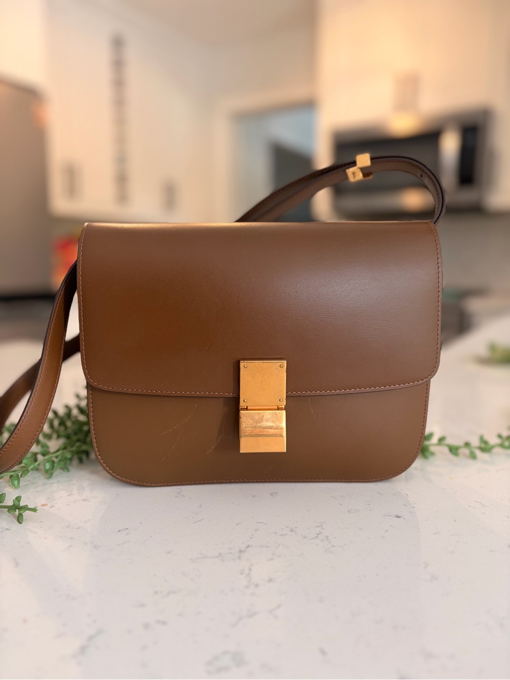 Celine Brown Leather Box Shoulder Bag with Gold Lock